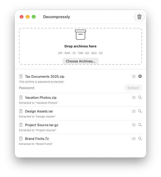 Decompressly on Mac: a list of archives including Vacation Photos.zip, Design Assets.rar, Project Source.tar.gz and Brand Fonts.7z, all extracted, with a password prompt for Tax Documents 2025.zip