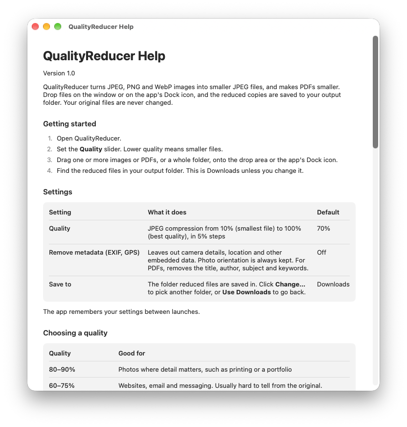 QualityReducer Help on Mac, with the steps to get started and a table of settings
