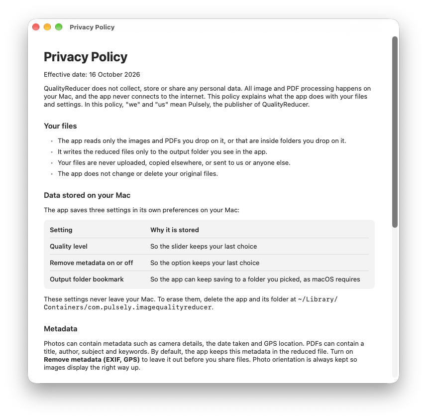 QualityReducer's built-in privacy policy: it does not collect, store or share any personal data